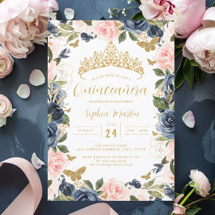 Guld Rosa Blommigt Tiara Butterfly Quinceanera Inbjudningar