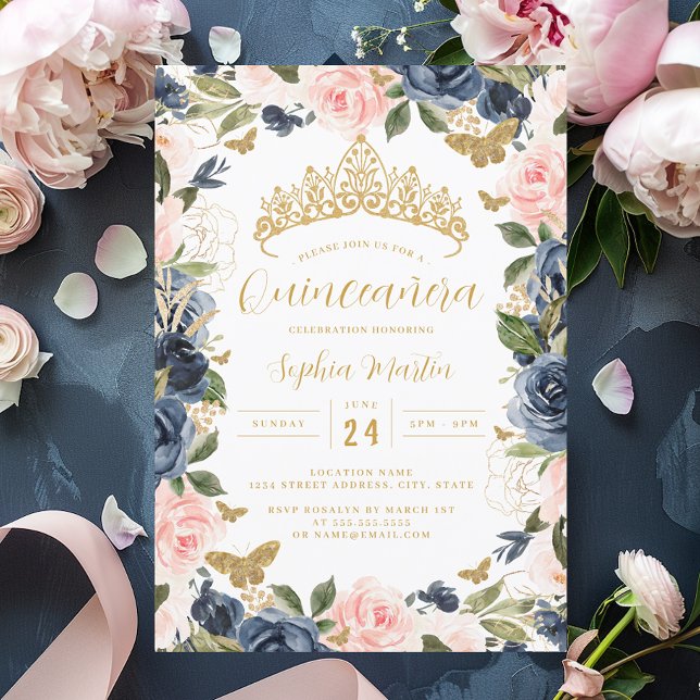 Guld Rosa Blommigt Tiara Butterfly Quinceanera Inbjudningar (Skapare uppladdad)