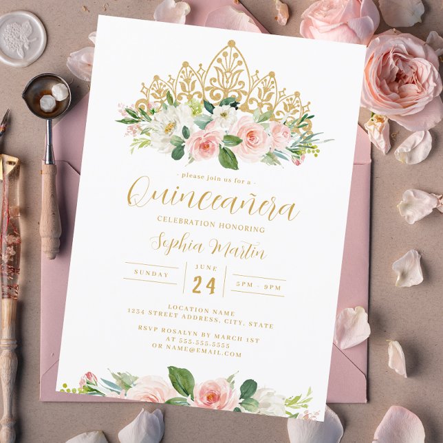 Guld Rosa Blommigt Tiara Quinceanera Inbjudningar (Skapare uppladdad)