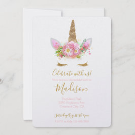 Guld Rosa Blommigt Unicorn Birthday Inbjudningar