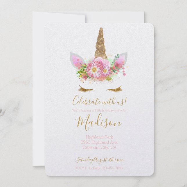 Guld Rosa Blommigt Unicorn Birthday Inbjudningar (Framsida)