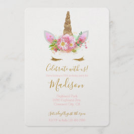 Guld Rosa Blommigt Unicorn Birthday Inbjudningar