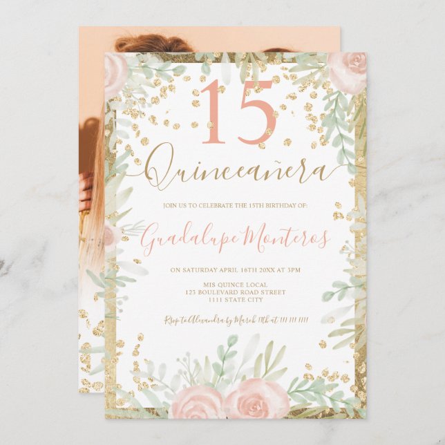 Guld rosa blommigt vattenfärg Quinceanera-foto Inbjudningar (Fram/baksida)