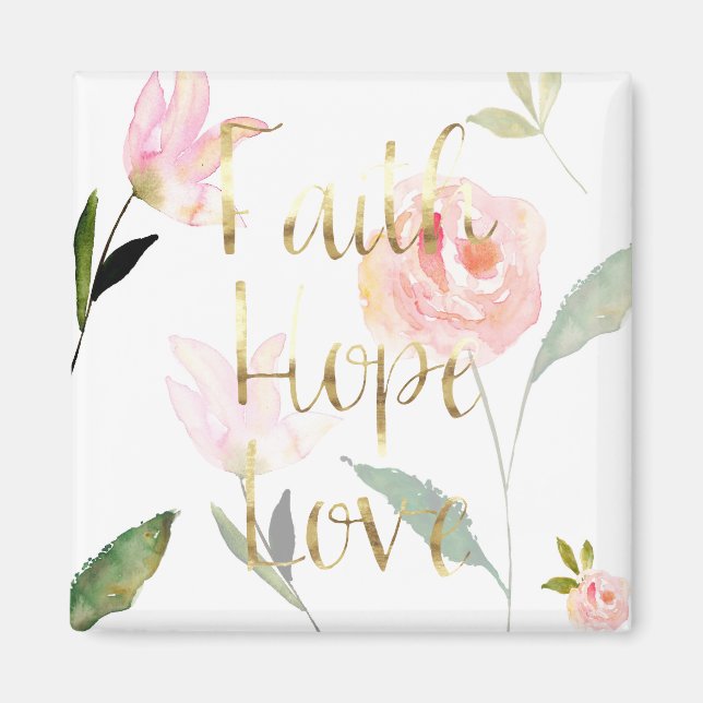 Guld Rosa Blommigt Watercolor Faith Hope Kärlek Magnet (Framsidan)