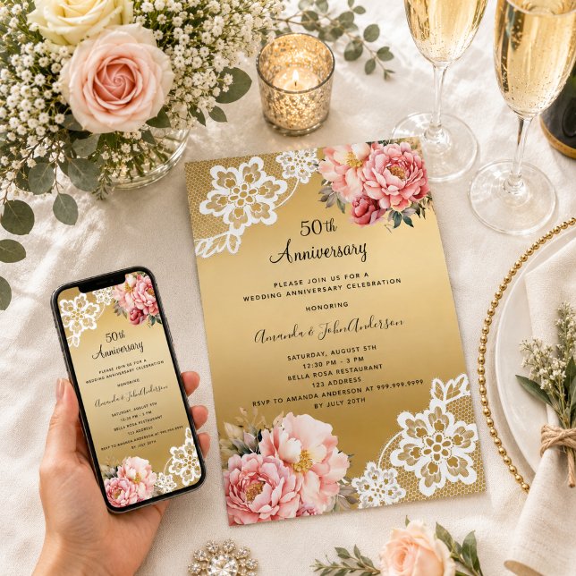 Guld rosa blommor 50-års bröllopsjubileum inbjudningar (Skapare uppladdad)