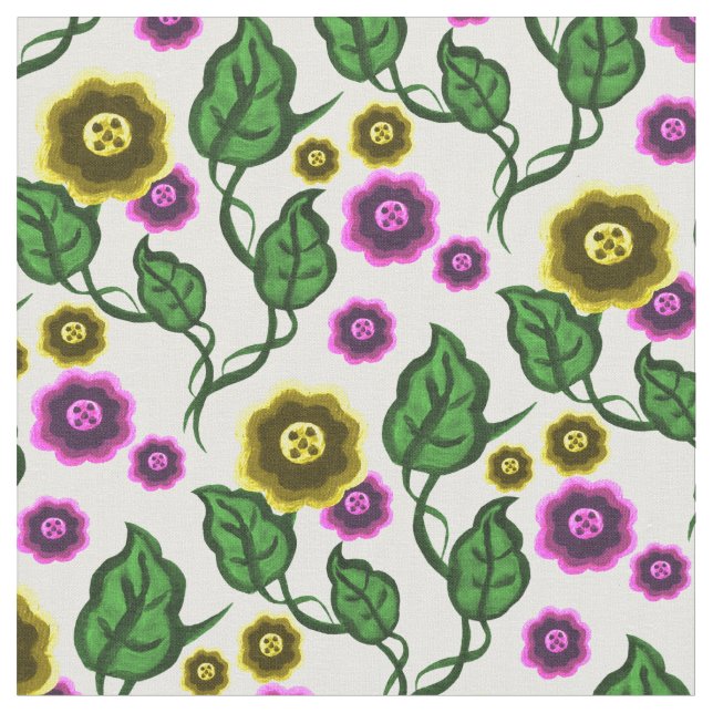 Guld/rosa blommor/gröntlöv/Folk blommigt Tyg (Närbild)