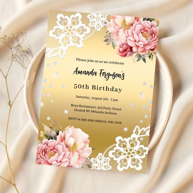 Guld rosa blommor lyx 50-årsdag inbjudningar (Skapare uppladdad)