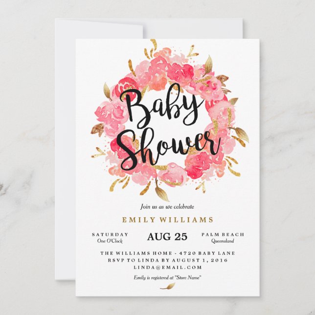Guld Rosa Blomsterkrans Baby Shower Inbjudan (Framsida)