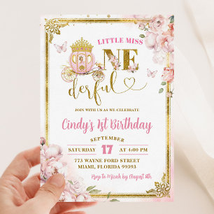 Guld Rosa Blonde Princess Onederful Birthday Inbjudningar