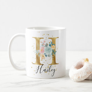 Guld Rosa Blue Pastel Blommigt Vattenfärg Monogram Kaffemugg