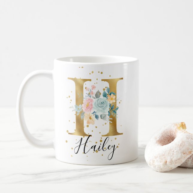 Guld Rosa Blue Pastel Blommigt Vattenfärg Monogram Kaffemugg (Med munk)