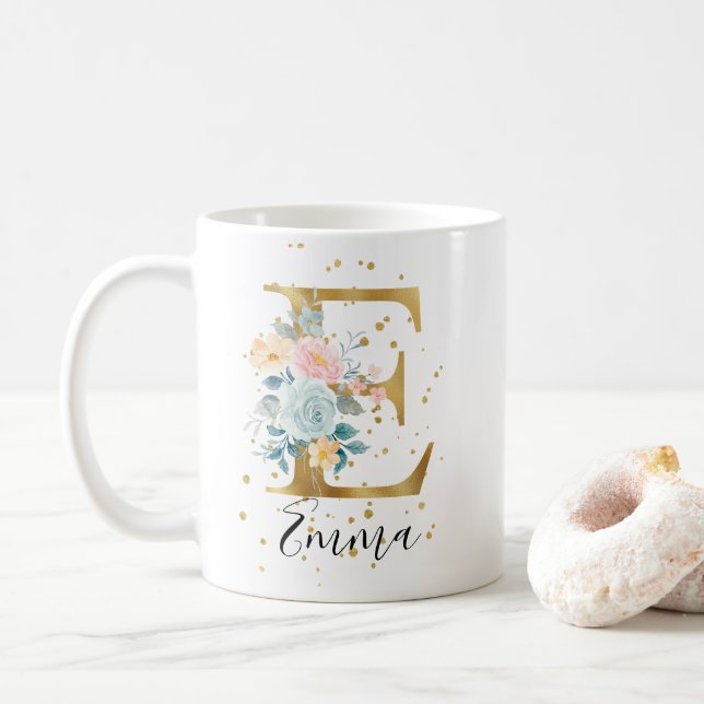 Guld Rosa Blue Pastel Blommigt Watercolor Monogram Kaffemugg (Med munk)