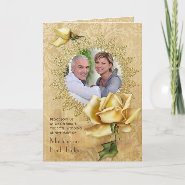 Guld- rosa bröllop A för damast 50th Inbjudan (Framsida)