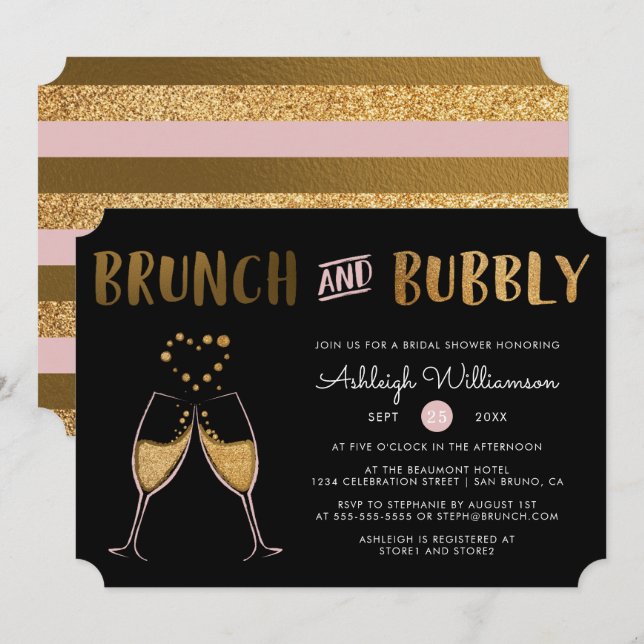 Guld & Rosa Brunch & Bubble Bröllop Möhippa Inbjudningar (Fram/baksida)