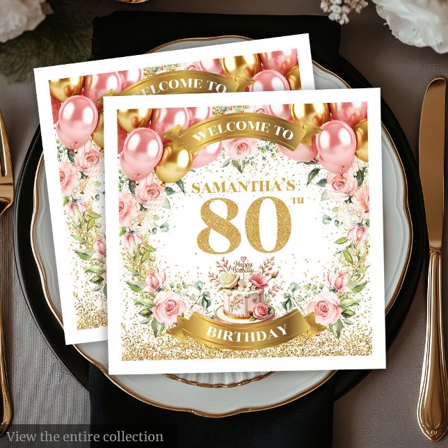 Guld Rosa Bubons 80:e Födelsedagsfest Napkins Pappersservett (Gold Pink Balloons 80th Birthday Party Napkins)