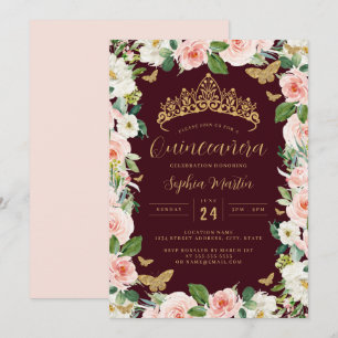 Guld Rosa Burgundy Blommig Tiara Quinceanera Inbjudningar