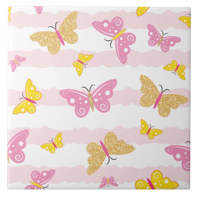 Guld & Rosa Butterfly Kakelplatta (Framsidan)