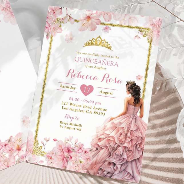 Guld Rosa Cherry Blommar Princess Quinceañera Inbjudningar (Skapare uppladdad)
