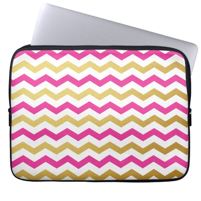 Guld & Rosa Chevron Mönster Laptop sleeve (Framsidan)