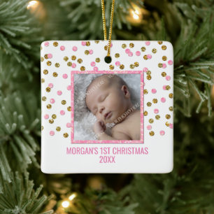 Guld Rosa Confetti Baby och första julfoto Julgransprydnad Keramik