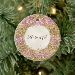 Guld Rosa Confetti Glitter Personlig Julgransprydnad Keramik