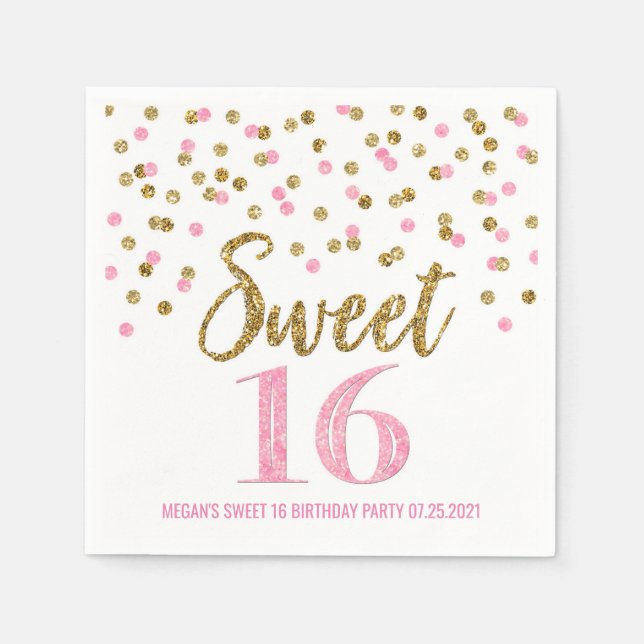 Guld Rosa Confetti Sweet 16 Birthday Pappersservett (Framsidan)