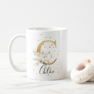 Guld  Rosa Cream Watercolor Blommigt Monogram C Kaffemugg
