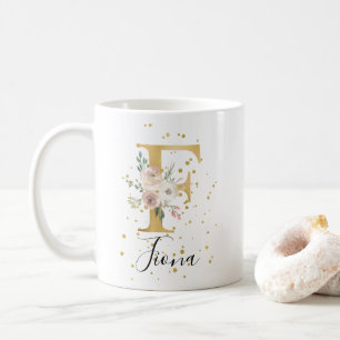 Guld  Rosa Cream Watercolor Blommigt Monogram F Kaffemugg