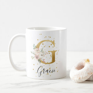 Guld Rosa Cream Watercolor Blommigt Monogram G Kaffemugg
