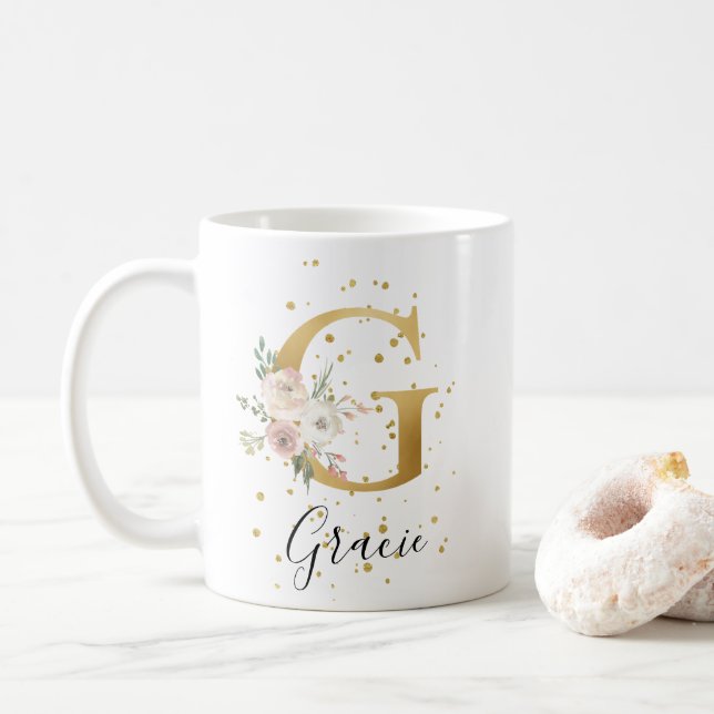 Guld  Rosa Cream Watercolor Blommigt Monogram G Kaffemugg (Med munk)