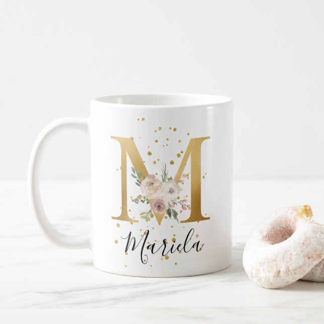Guld  Rosa Cream Watercolor Blommigt Monogram M Kaffemugg (Med munk)
