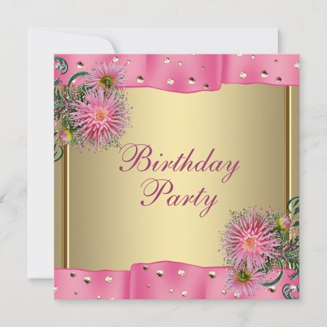 Guld Rosa Dahlia Kvinnas Födelsedagsfest Inbjudningar (Framsida)