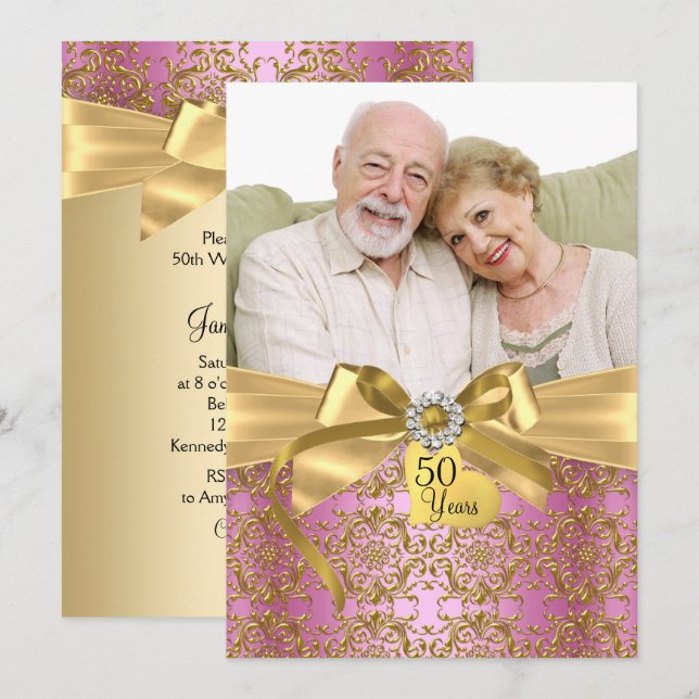 Guld Rosa Damask & Bow Photo 50-årsdagen Inbjudningar (Fram/baksida)