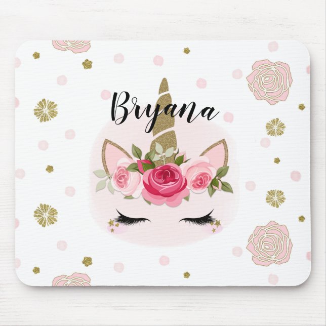 Guld & Rosa Enhörningblomma Trendy Söt Musmatta (Framsidan)