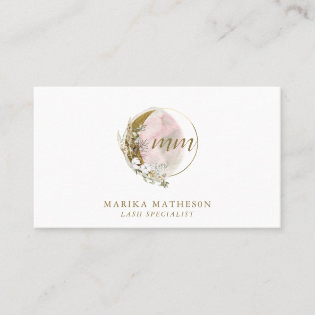 Guld Rosa Erröda Monogram Vattenfärg Celest Visitkort (Framsida)