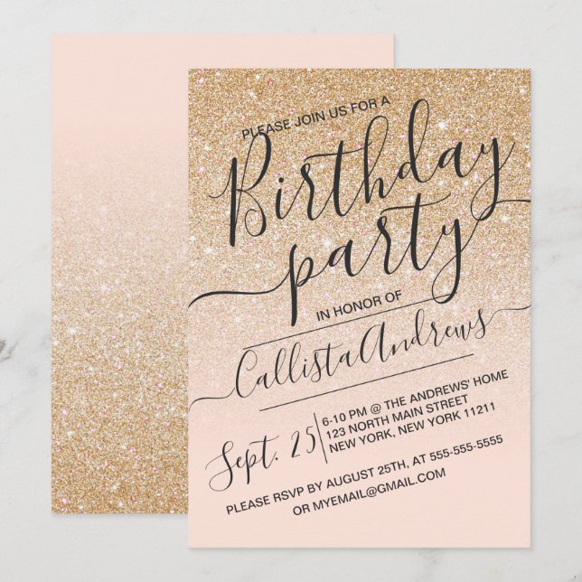Guld Rosa Faux Sparkly Glitter Ombre Birthday Inbjudningar (Fram/baksida)