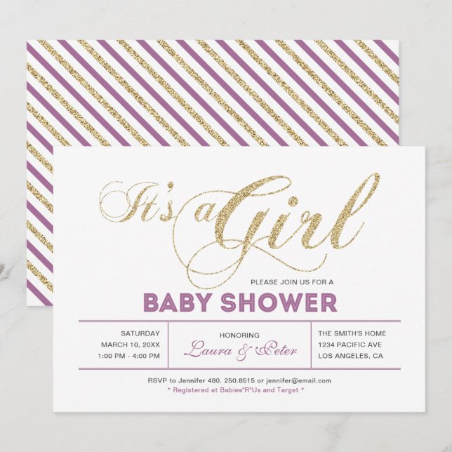 Guld & Rosa | Flicka, Chic Typografi Bebis Shower Inbjudningar (Fram/baksida)