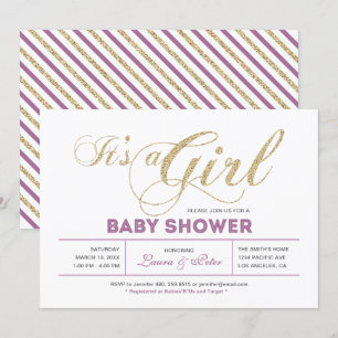 Guld & Rosa Flicka, Chic Typografi Bebis Shower Inbjudningar