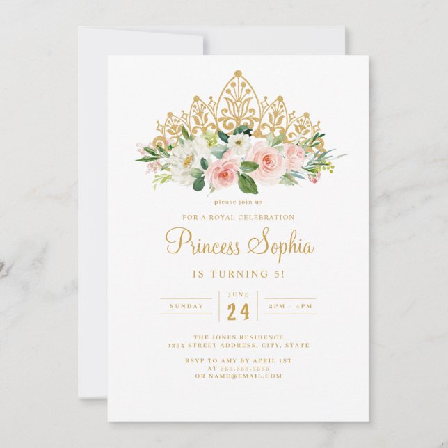 Guld Rosa Flickor Prinsessa Blommig Tiara Födelsed Inbjudningar (Framsida)