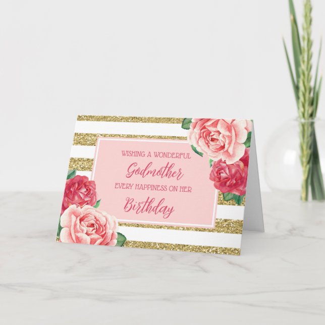 Guld Rosa Flowers Godmoder Birthday Card Kort (Framsida)