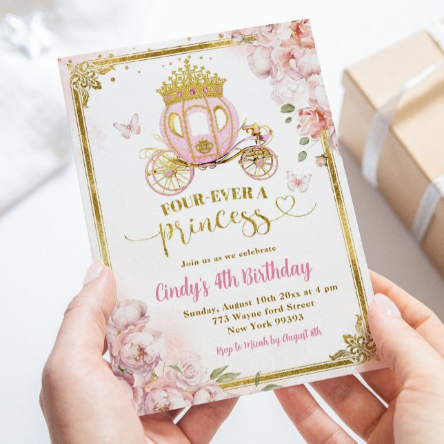 Guld Rosa Fourever a Princess Carriage Birthday Inbjudningar (Skapare uppladdad)