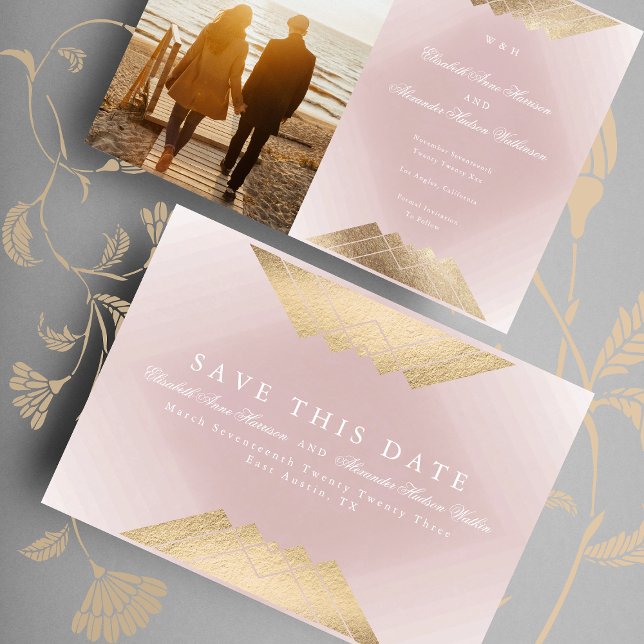 Guld Rosa Geometric Gatsby Foil Save Date Meddelande (Skapare uppladdad)