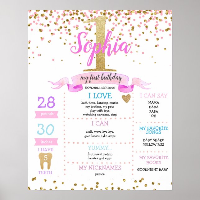 Guld Rosa Girl First Birthday Milestone Poster (Framsidan)
