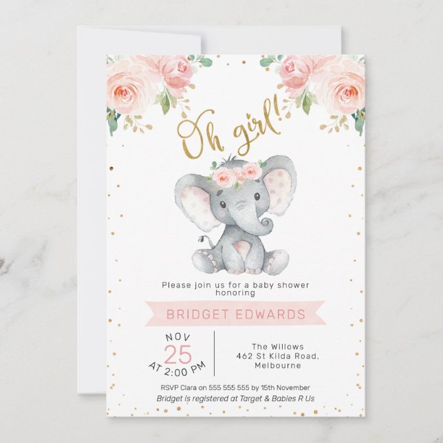 Guld Rosa Girl Girl Girl's Safari Elephant Baby Sh Inbjudningar (Framsida)