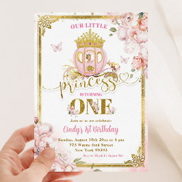 Guld Rosa Girl Princess Carriage First Birthday Inbjudningar