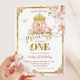 Guld Rosa Girl Princess Carriage First Birthday Inbjudningar