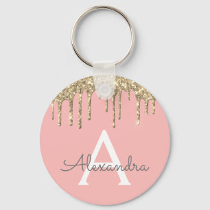 Guld  Rosa Girly Sparkly Glitter Monogram Nyckelring