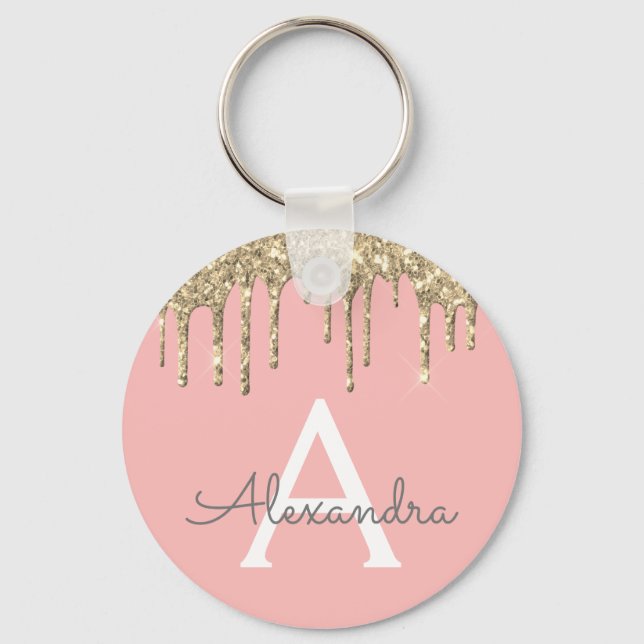 Guld  Rosa Girly Sparkly Glitter Monogram Nyckelring (Framsida)