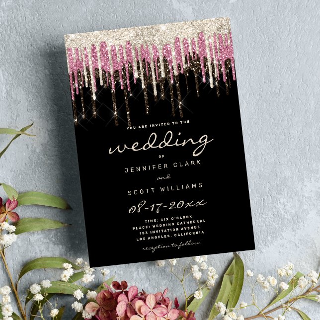 Guld rosa glam glitter droppar i bröllop inbjudningar (Luxury black gold pink glam glitter drips wedding )