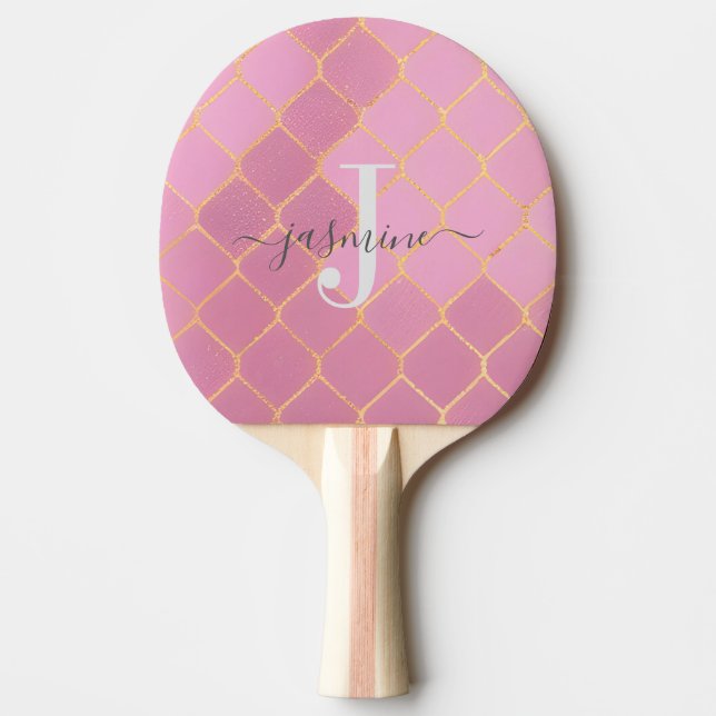 Guld & Rosa Glamoröst Glitter Monogram Skript Pingisracket (Framsidan)